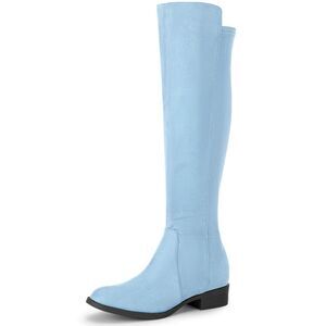 Round Toe Side Zip Chunky Heels Knee High Boots Sky Blue